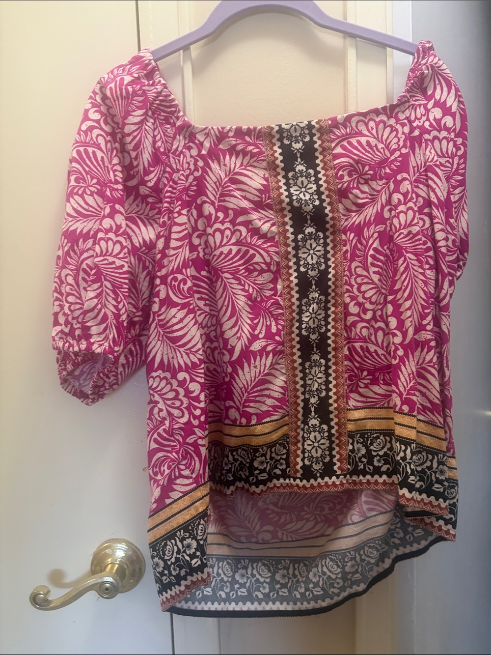 LOFT Pink Floral Off-Shoulder Peasant Top with Contrast Trim
